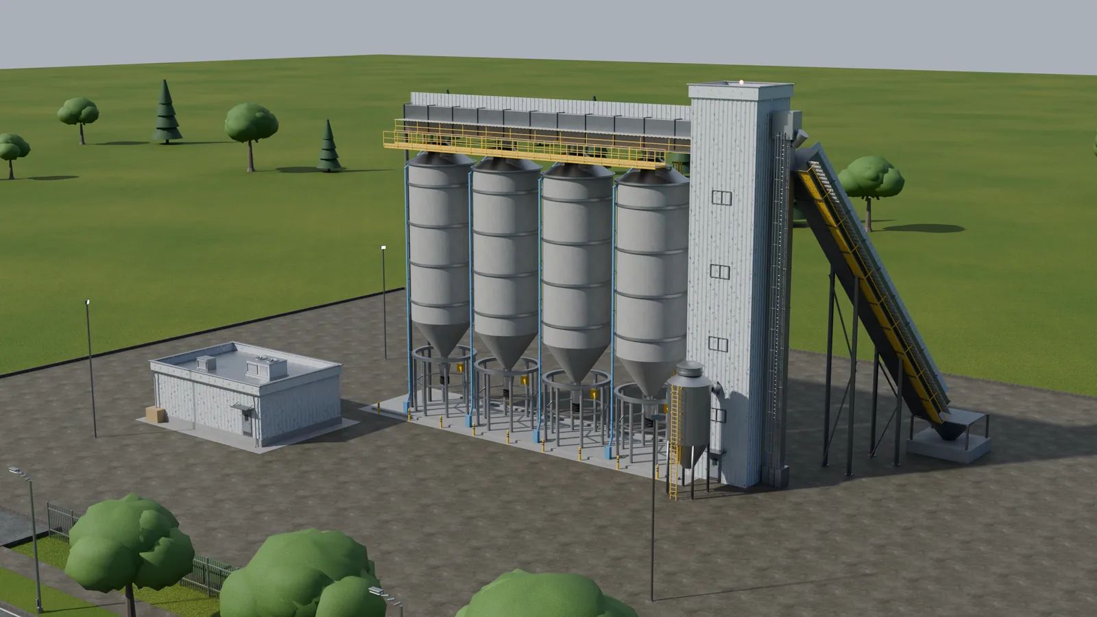 Bulk silo storage terminal: four braced silos with discharge hoppers, headhouse with bucket elevator, inclined intake conveyor and control building
