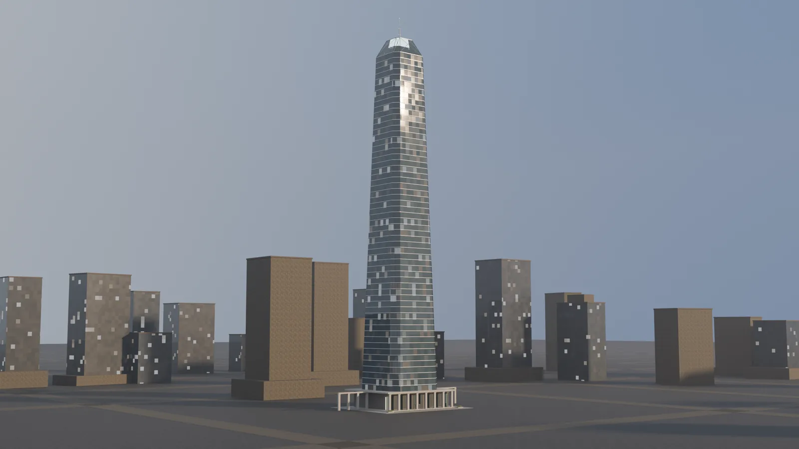254 m chamfered supertall with an X-braced lattice lantern crown and a 16 m spire